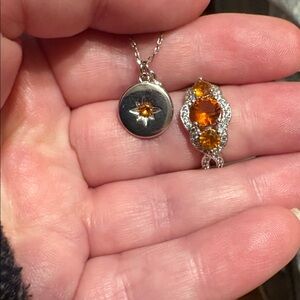 Chic Silver Ring And Necklace with Orange Star Pendant